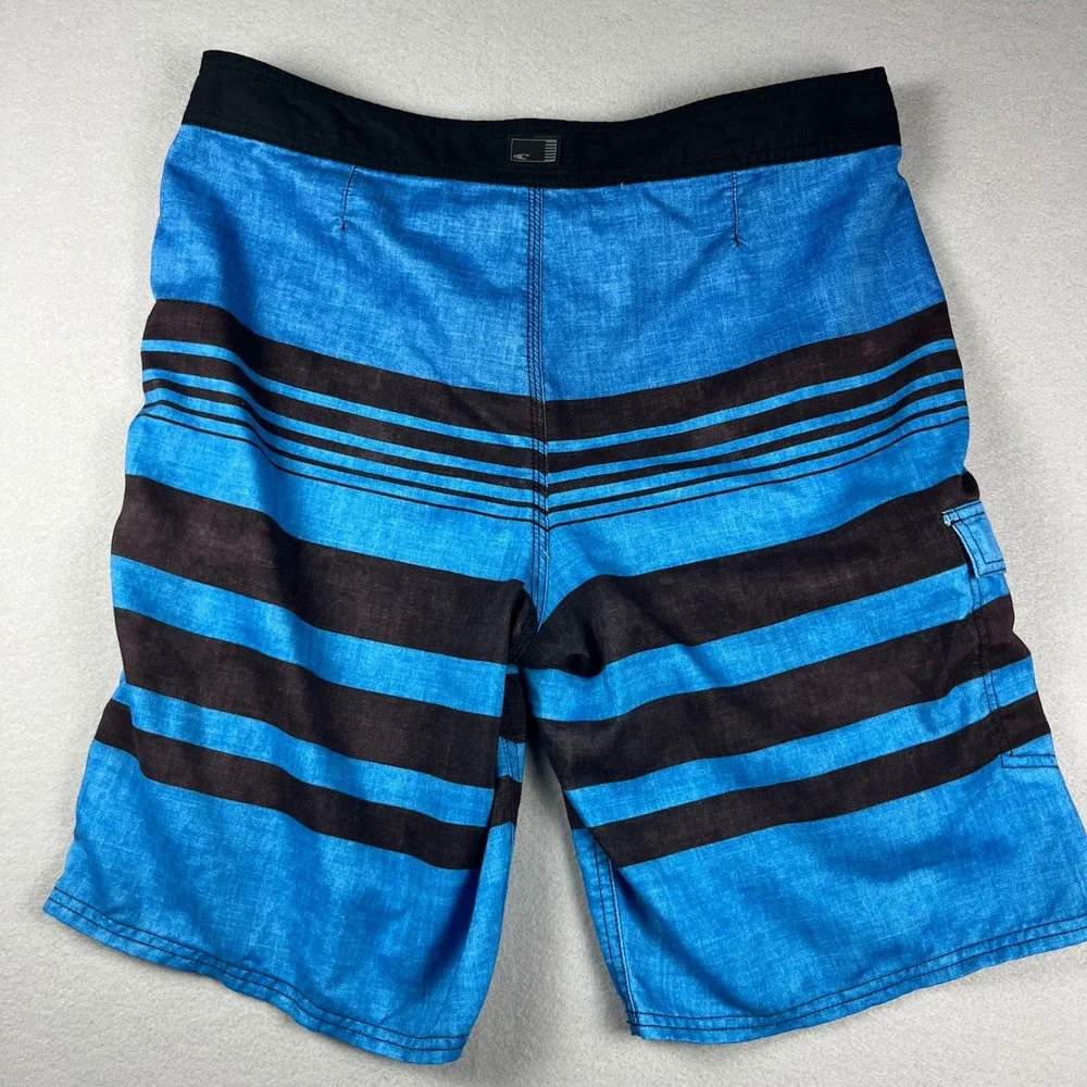 ONeill Mens Blue Black Striped Board Shorts Swim Trunks Size 34 Cargo Pocket